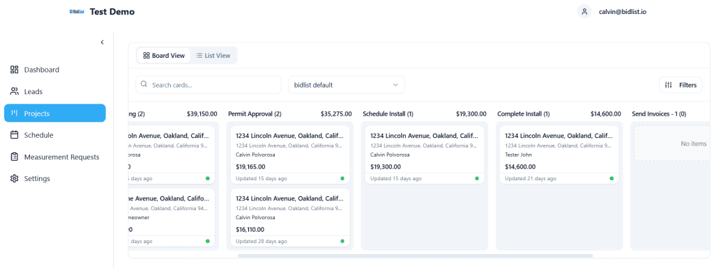 BidEngine project management dashboard